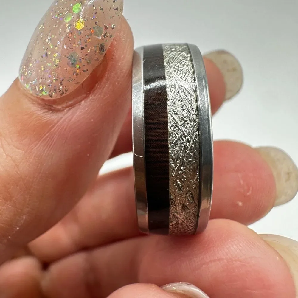Men's size‎ 12.5 silver with resin/high polish scroll design, wood/ arrow ring!